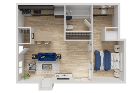 A top-down view of a modern living room with a fireplace and a bed.